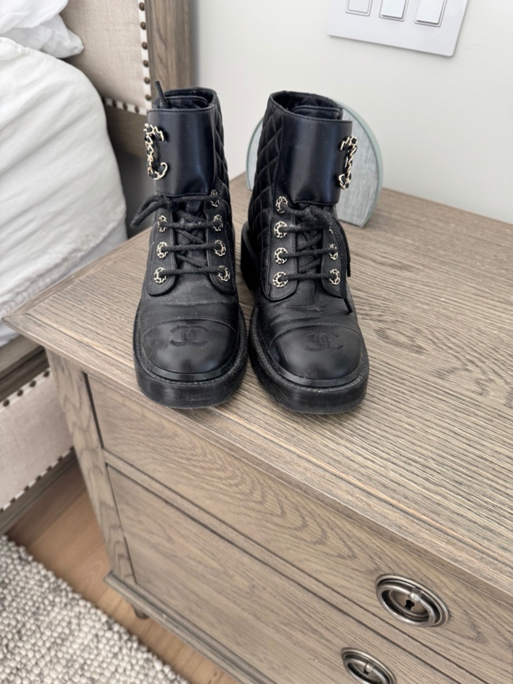 Chanel Black Quilted Leather Lace-Up Combat Boots with Gold-Tone CC Chain Detail